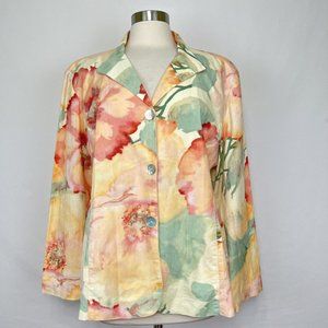Chicos XL 3 Jacket Blazer Linen Blend Pink Coral Green Yellow Floral Button